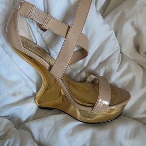 Nude Patent Strappy Platform Wedge Sandals with Gold Sculpted Heel